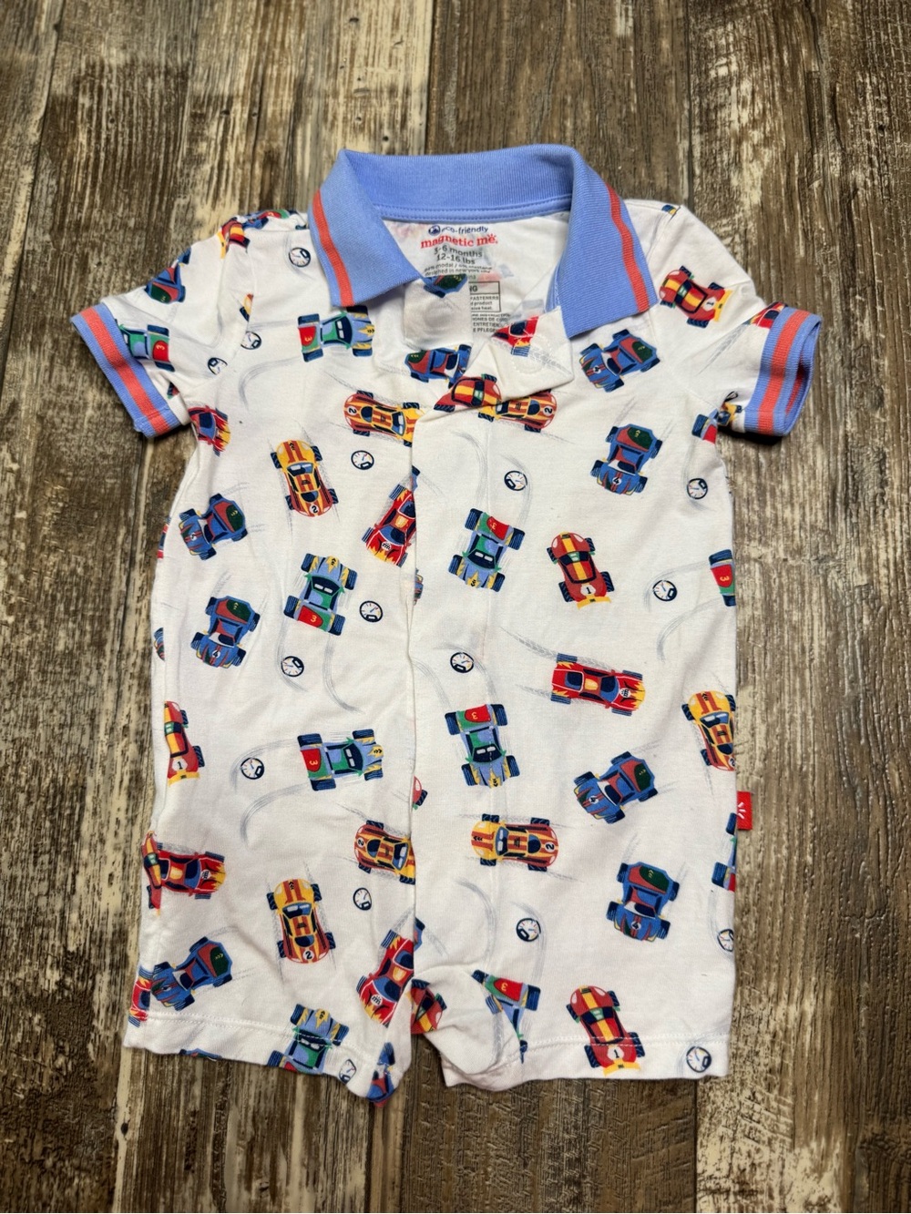 Magnetic Me White bamboo Romper with Multicolor Race Cars